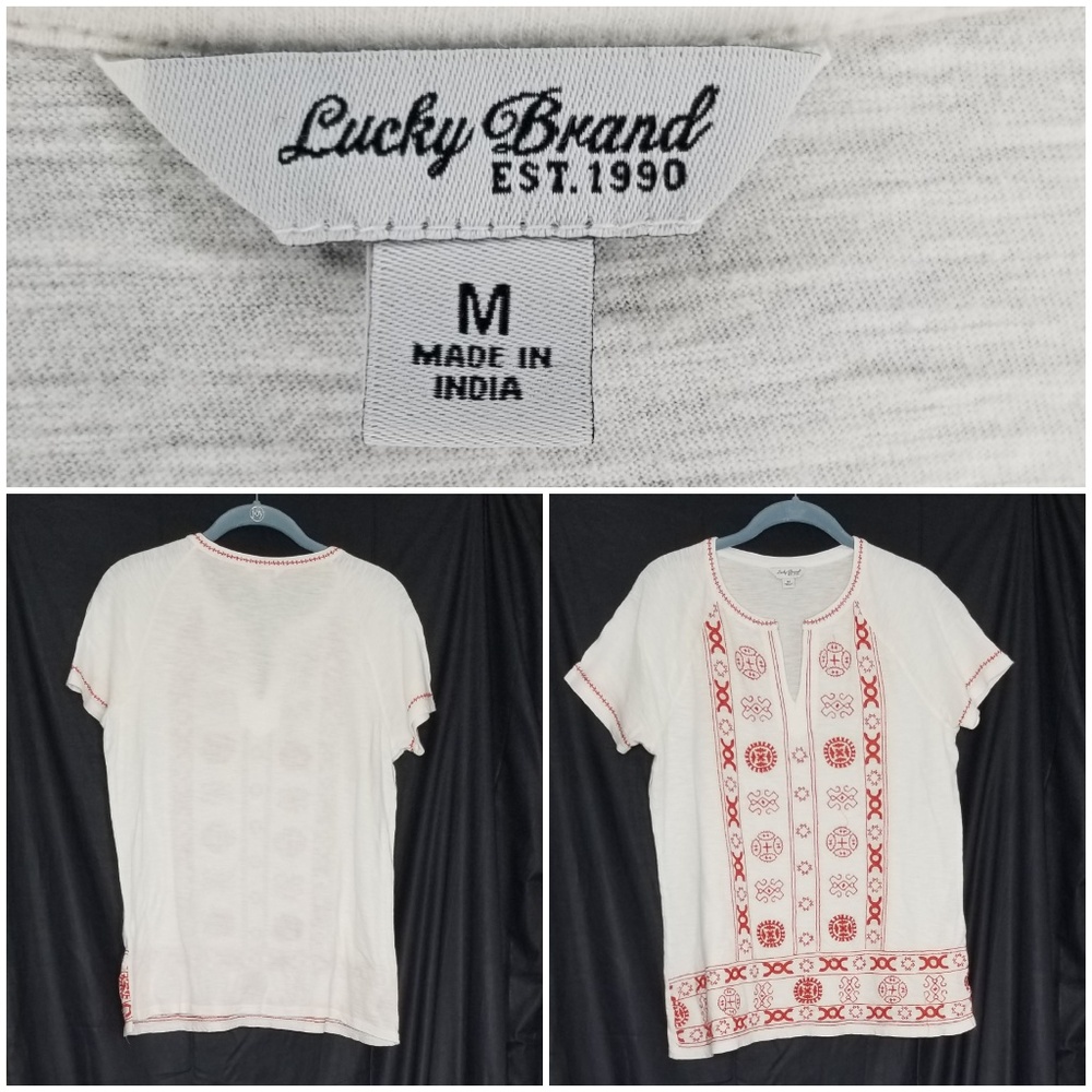 Lucky Brand Cream/Red Embroidered SS Boho T